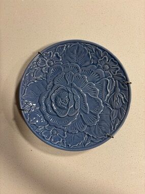 Blue Floral Embossed Ceramic Wall Plate - Home Art
